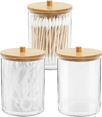 Image de Accessoires de salle de bain en bambou avec 3 récipients en acrylique