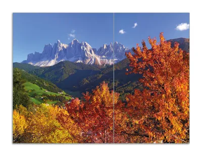 Produktbild von Wallario Herdabdeckplatte aus Glas, Größe 70 x 52 cm 2-teilig, Motiv Herbst im Gebirgstal unter blauem Himmel