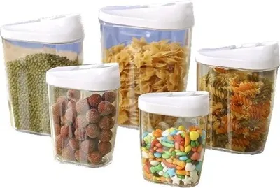 Immagine prodotto di Scatole impilabili con serratura - Plastica acrilica trasparente - 5 pezzi - 1440 ml, 960 ml, 720 ml, 480 ml, 300 ml sprinkle shaker