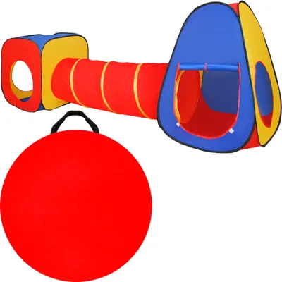 A colorful play tent and tunnel set with a red circular mat.