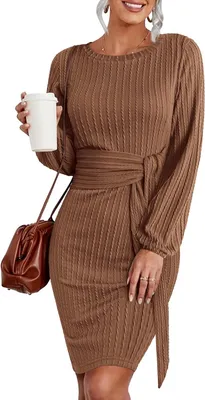Produktbild von Gestrickter Herbstkleid für Damen mit langen Ärmeln, eng anliegendem Schnitt, Rundhalsausschnitt und Gürtel