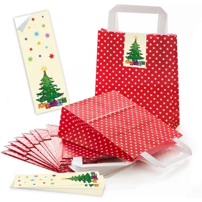 Produktbild von Rot-weiß gepunktete Henkeltüten 18 x 8 x 22 cm mit Weihnachtsbanderolen Nikolaus & PlätzchenChristbaum / 5 Stück