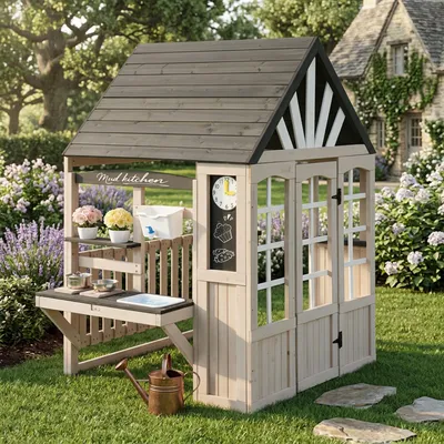 Obrázek produktu pro Flieks Dětský domeček Spielburg Outdoor s vodovodním kohoutkem, dětská kuchyňka ve tvaru domečku pro venkovní použití, dětská zahradní hračka, šedá