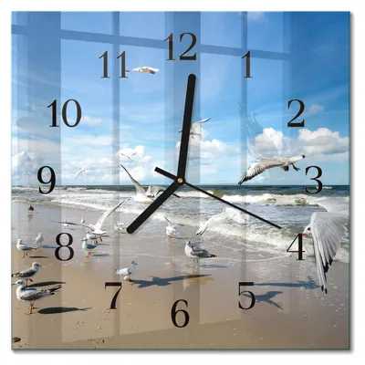 Immagine prodotto di Orologio da parete Tulup Glasuhr, orologio da cucina, vetro vero, 30x30 cm, design moderno e decorativo, silenzioso, con lancette nere - motivo: gabbiani sulla spiaggia