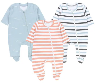 Produktbild von TupTam Baby Unisex Schlafstrampler Mädchen Schlafanzug mit Fuß Jungen Spieler 3er Pack, Farbe: Streifen/Grau, Größe: 62