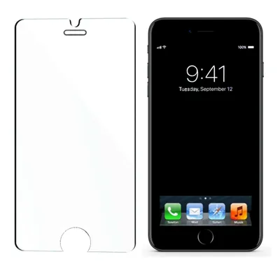 A screen protector and a smartphone are shown side-by-side against a white background.