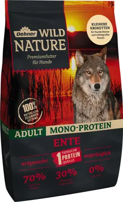 Produktbild von Dehner Wild Nature Hundefutter Mono Protein, Trockenfutter getreidefrei / zuckerfrei, für ausgewachsene Hunde, Ente / Fisch, 4 kg