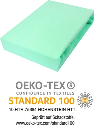 A folded mint green fitted sheet is shown against a white background, with OEKO-TEX certification details below.