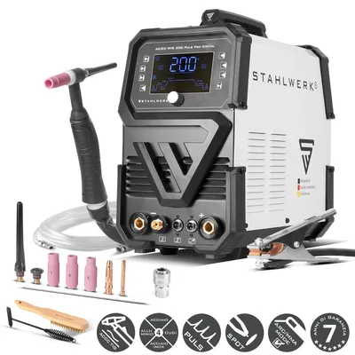 Immagine prodotto di STAHLWERK saldatrice ad arco schermato AC/DC TIG 200 Puls Pro Digital - Inverter combinato con 200 A, funzione MMA, funzione impulsi e spot, per alluminio e lamiere sottili