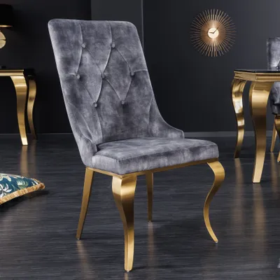 Produktbild von riess-ambiente Eleganter Stuhl MODERN BAROCK grau Samt mit goldenem Löwenkopf Esszimmerstuhl Essstuhl