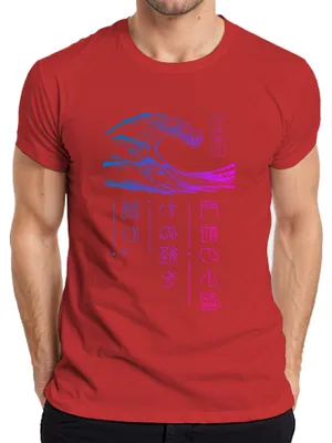 Productafbeelding van Heren T-shirt met print van een Japanse golf, Ukiyo-e, neon, vaporwave, cyberpunk, retro, rood, maat XXL