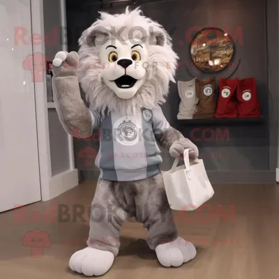 Produktbild von Maskottchen REDBROKOLY Kostümfigur Silberbändiger Löwe bekleidet mit Jeggings und Tragetaschen