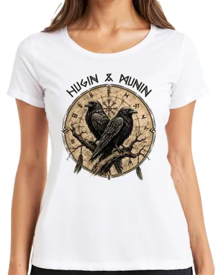 Produktbild von Wikinger Raben Odin Huginn Muninn Vegvisir Nordische Mythologie Damen T-Shirt, Weiß, L