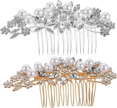 Produktbild von 2 Stück Haarkämme für die Braut mit Perlen und Kristall-Strass, Vintage-Haarschmuck für die Hochzeit, seitlicher Haarschmuck für Braut und Brautjungfern, handgefertigte Blumen-Haarspangen