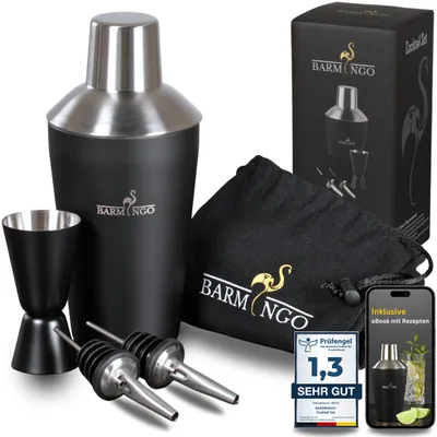 Produktbild von BARMINGO® Edelstahl Cocktail Set 5tlg. – 500ml Cocktail Shaker mit Bar Zubehör, Cocktailshaker Set, Barkeeper Set,  Barset, Schwarz-Silber
