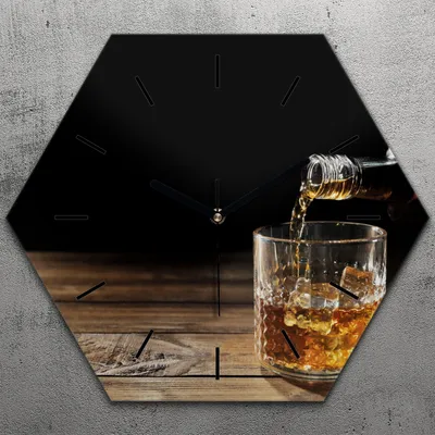 Produktbild von Uhr hexagonal 40 cm Glas Geräuschlos schwarze Zeiger - Whisky Glas