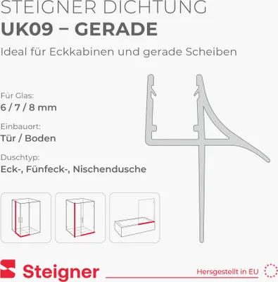 Produktbild von STEIGNER Duschtürdichtung 110cm UK09 (1 Stk.) transparent - Gerade Dichtung für Eckdusche, Nischendusche oder Fünfeckdusche mit Duschtür 6-8 mm - Schutz gegen Auslaufen, Perfekte Passform, Wasserdicht