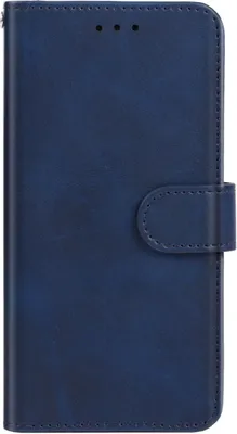 A closed blue flip-style phone case is shown against a white background.