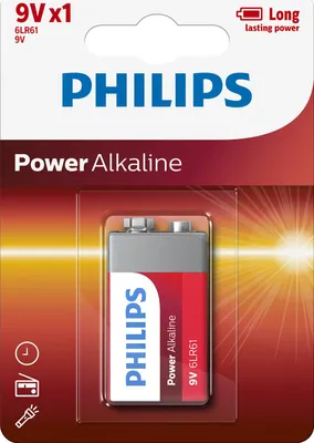 Zdjęcie produktu dla Philips Power Alkaline Akumulator 6LR61P1B/10, Jednorazowa bateria, 6LR61, 9V, Alkaliczny, 9 V, 25 mm, 17 mm
