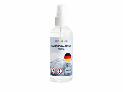 Produktbild von Ecoliquid Isopropylalkohol 99,9% IPA, 0,1 l; Entfettet, reinigt, desinfiziert; Einsatzbereiche: Gesundheitswesen, Veterinärmedizin, Haushalt, 3D-Druck, Fahrzeugpflege, Kosmetik, Industrie, KI-generiertes Bild