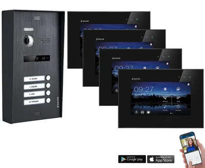 Produktbild von BALTER EVO 2-Draht BUS WIFI Komplettsystem, Aufputz Türstation für ein Vierfamilienhaus mit 4 Monitoren Schwarz Schwarz