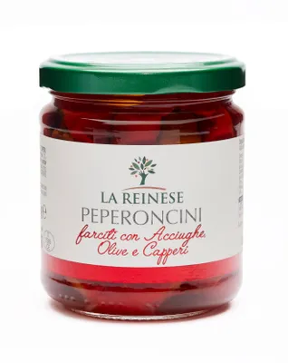 Immagine prodotto di La Reinese Peperoncini farciti con acciughe olive e capperi 180g