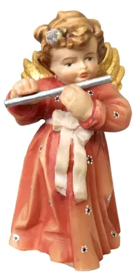 Engel mit Holzflöte, 8 cm, handbemalt, religiöse Figur