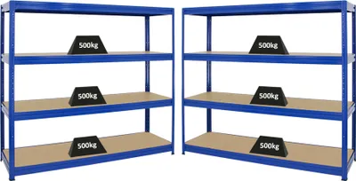 Produktbild von Mega Deal | 2x Schwerlastregal DINO | HxBxT 180x200x60cm | 4 MDF-Platten-Ebenen 6,5 mm | Fachlast 600kg | Blau