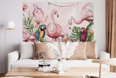 Produktbild von DECO WALLS Fototapete Kinderzimmer Papageien und Flamingos - Außergewöhnliche Haltbarkeit XXL 240x360 cm