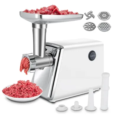 Produktbild von 2800W Elektrischer Fleischwolf, 3in1 Multi Küchenmaschine, Super-intelligenter Wärmeschutz, Wurstmaschine mit 3 Lochscheiben, 4 Kegel-Klingen, Weiß
