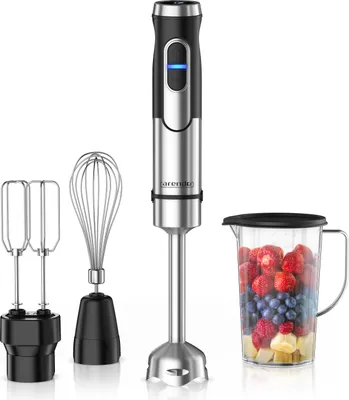 Image de Arendo Set mixeur plongeant, acier inoxydable, mixeur plongeant, mixeur à main, double fouet, fouet et bol, 1500 W, moteur DC, touche turbo, pied de mixage amovible, 12 niveaux de vitesse