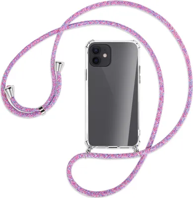 Produktbild von Handykette Backcover-Schutzhülle mit Band (Metall silberfarben) für Apple iPhone 12, 12 Pro - lila/rosa/blau