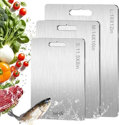 Imagen del producto de Juego de 3 tablas de cortar Titan, 100% titanio puro, tablas de cortar para la cocina, tablas de doble cara aptas para alimentos, ideales para cortar carne, verduras y frutas, aptas para lavavajillas