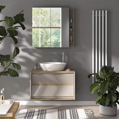 A modern bathroom vanity with a vessel sink and faucet, set against a gray wall with plants and a radiator.