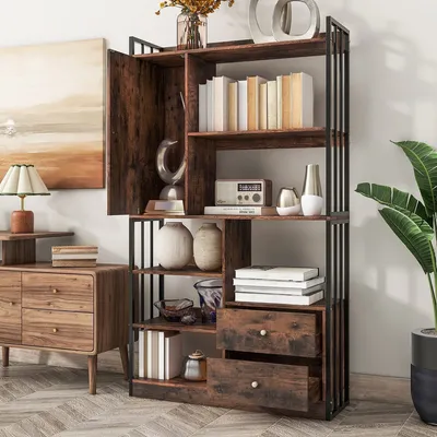 Produktbild von Bücherregal 6 Regal Bücherregal mit Türen und  Schubladen Boden bis zur Decke Bücherregal industrielle Bücherregal Stahlregal antik braun