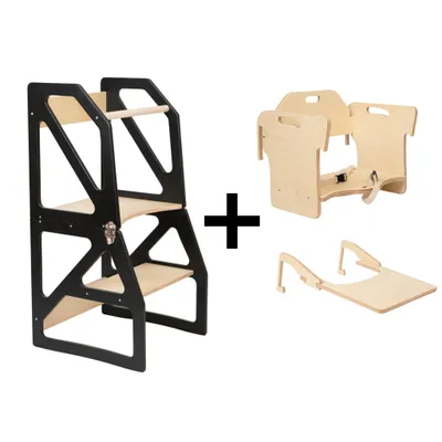 Produktbild von leg&go Verstellbarer Lernturm 2-in-1 Modustep Schwarz Set - Montessori Lernturm mit Fütterungsstuhl & Tisch
