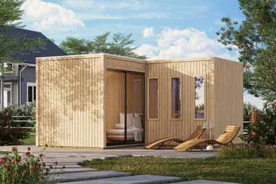 Productafbeelding van Karibu Saunahuis Buiten sauna Tuin sauna Paradise, onbehandeld, oven 9 kW, , externe bediening, easy, 73mm elementen, afmetingen 574x217x244 cm
