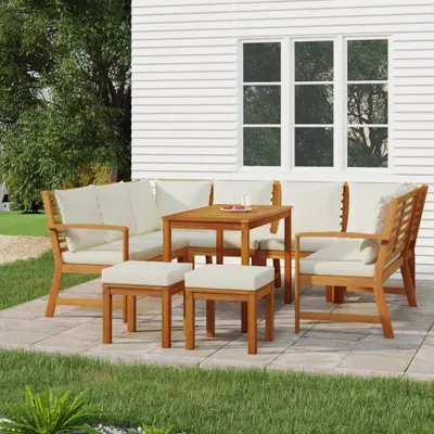 Imagen del producto de Conjunto de jardín de 9 piezas con cojines, fabricado en madera de acacia maciza