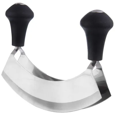 A kitchen utensil with two curved blades and two black handles.