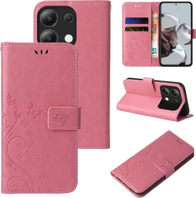Produktbild von Handyhülle für Xiaomi Redmi Note 13 Floral Blumen Schmetterling Flip Cover Hülle Case Klapphülle Handytasche Farbe: Rosegold