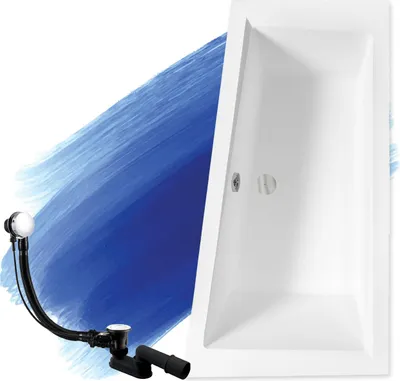 A white bathtub with a black drain assembly and overflow kit, set against a blue abstract background.