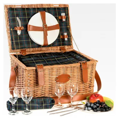 Produktbild von Picknickkorb Trianon Grün aus Weide - Lederriemen - Komplett für 4 Personen - Kühlfach - Keramikteller und Weingläser - Grüner Stoff - 45 x 31 x 24 cm