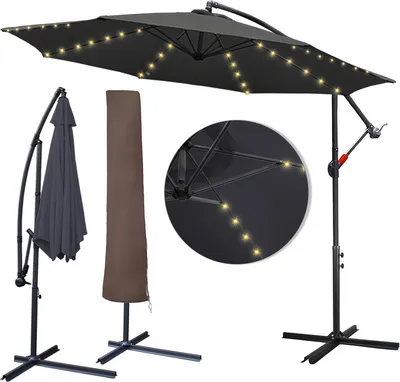 Produktbild von Jopassy 3.5m Sonnenschirm Gartenschirm mit LED Solar & Schutzhülle Ampelschirm Pavillon Kurbelsonnenschirm Alu,Grau,3.5m
