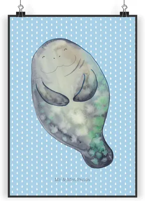 Produktbild von Mr. & Mrs. Panda Bild Seekuh Happy DIN A4 - Blau Pastell - Geschenk, Liebeskummer, Respekt, Freundin, Meer, drucke, Plakat, Wandbild, Posterdruck, Achtsamkeit, wanddeko