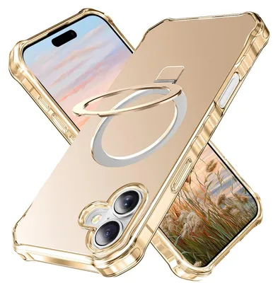 Productafbeelding van Beschermhoes voor Apple iPhone 16 Plus met een effen kleur en golfpatroon, met MagSafe-ring en houder, in goud