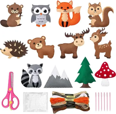 A collection of felt animal craft kits and supplies.
