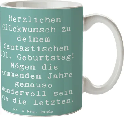 Produktbild von Mr. & Mrs. Panda Pott Spruch 101. Geburtstag - Meeresbrise - Geschenk, handgefertigt, Geschenkideen, haferl, Langlebigkeit, Kaffeetasse, schöne tasse, Teepott, Teetasse