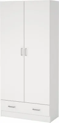 A white wardrobe with two doors and one drawer.