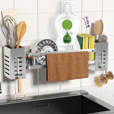 Zdjęcie produktu dla Organizer ze stali nierdzewnej do zlewu z półką i haczykami, magnetyczny, do kuchni i łazienki