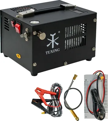 A black high-pressure air compressor with accessories.